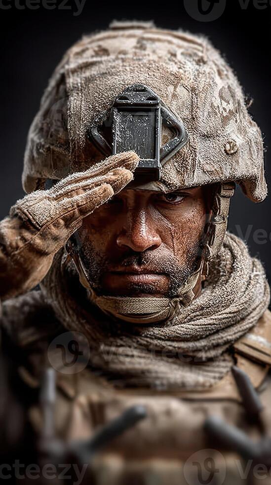 Soldier saluting in a dusty uniform with tactical gear during a military operation in a rugged environment photo