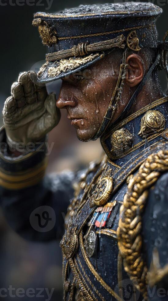 Soldier in detailed uniform salutes under rain during ceremonial event in historical location photo