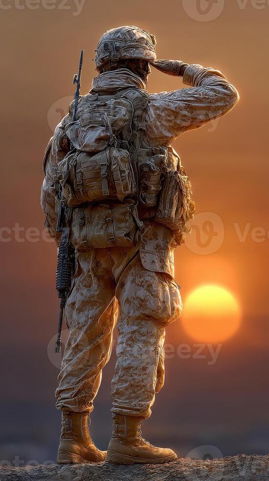 Soldier saluting at sunset while stationed in a desert environment, symbolizing duty and honor photo