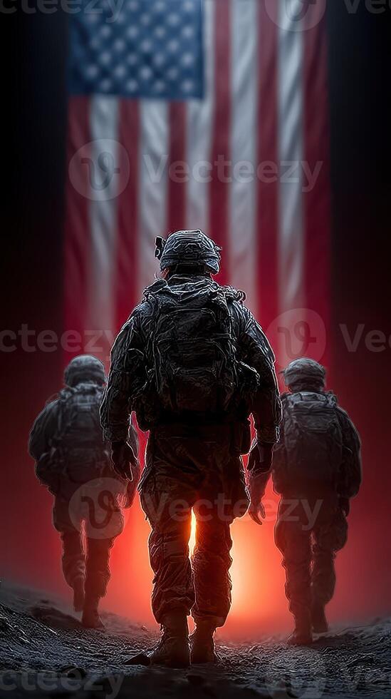 Soldiers march towards a glowing horizon beneath the American flag at dusk photo