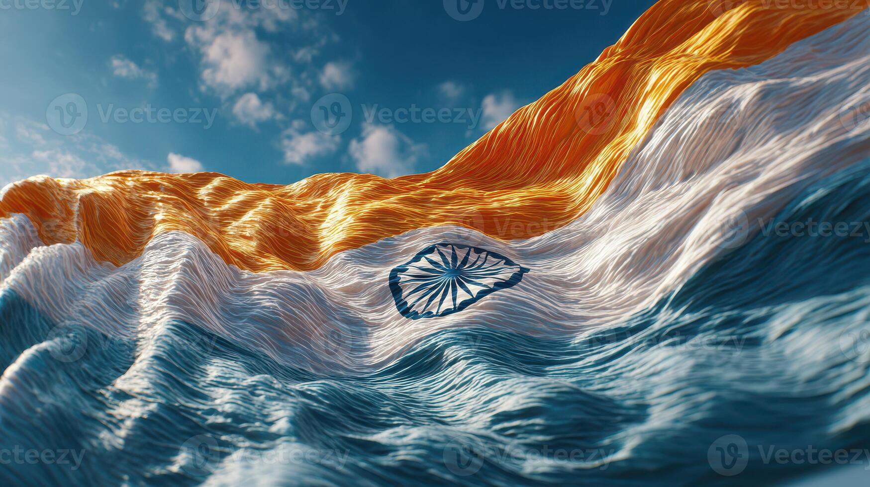 Emphasizing the vibrant colors of India's national flag waving against a bright sky photo