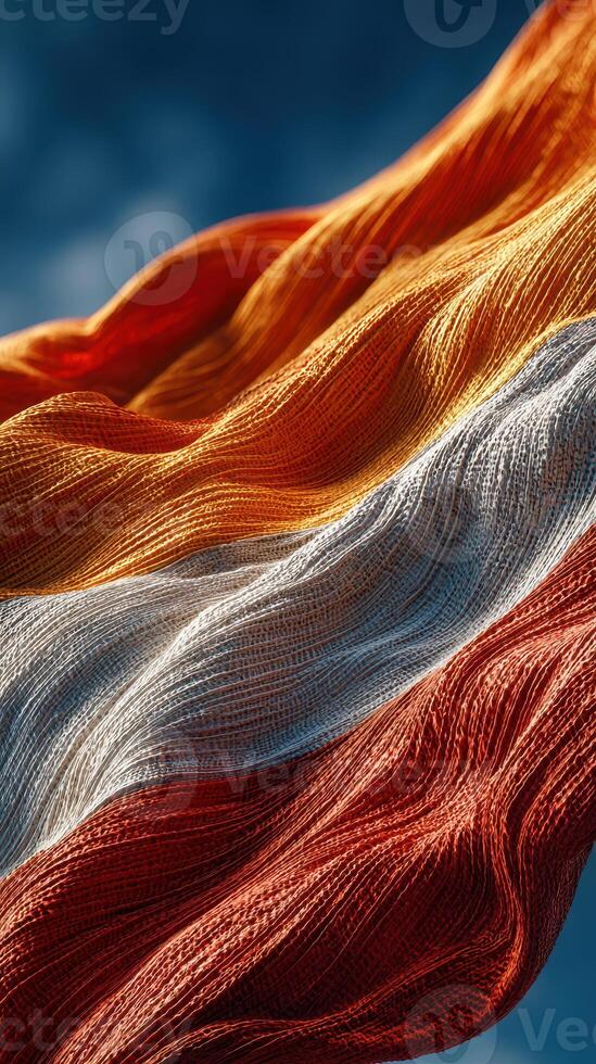 Colorful fabric waves in the wind during a sunny day, showcasing vibrant hues of orange, white, and red photo