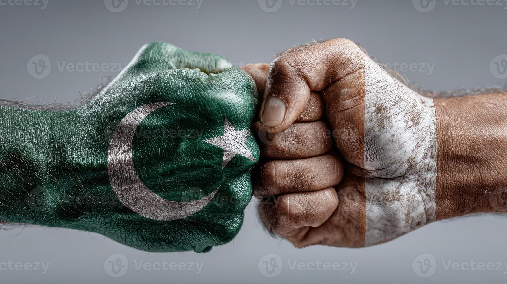 Hands symbolizing unity and rivalry between Pakistan and India with painted national flags photo