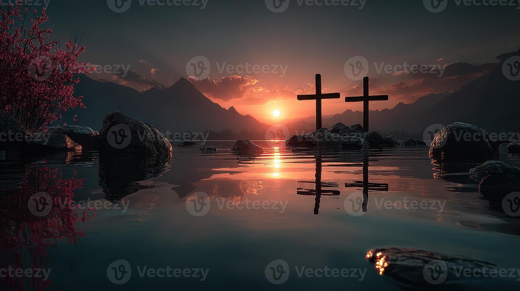 Scenic sunset reflection with crosses in tranquil water surrounded by mountains photo