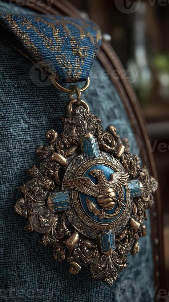 Intricate medal displayed on a textured fabric background showcasing detailed craftsmanship and ornate design elements photo