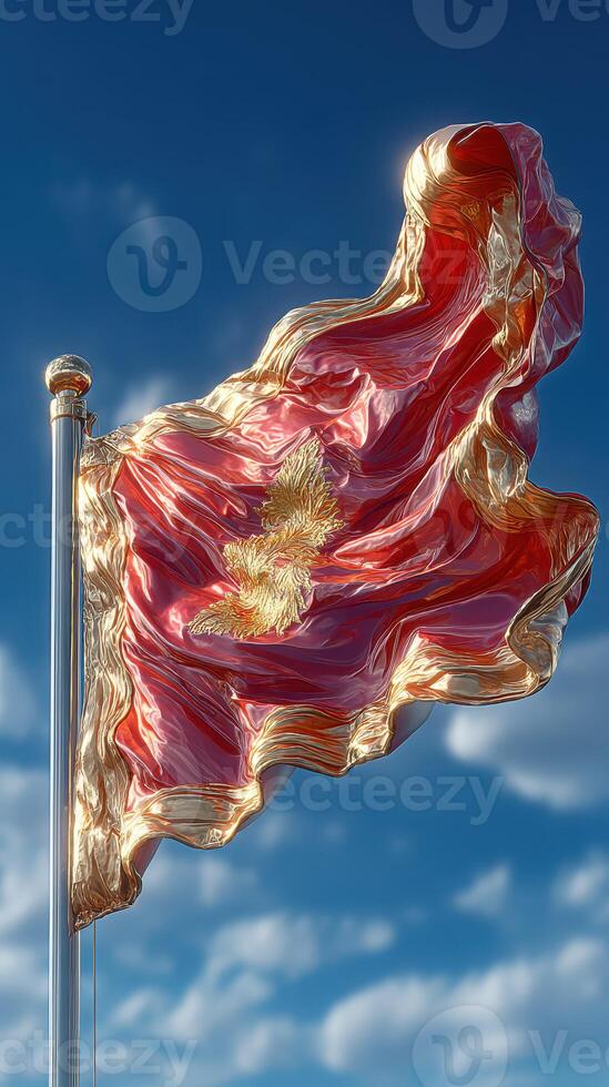 Flapping red flag with golden embellishments billows against a blue sky on a sunny day photo