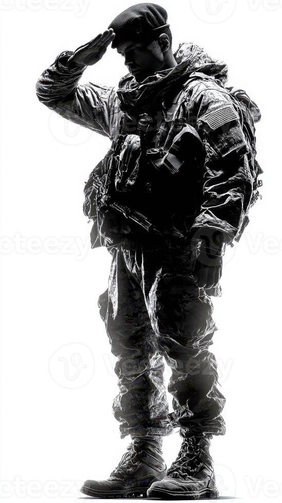 Soldier saluting during a solemn ceremony at sunset with dramatic silhouette effects and military attire photo