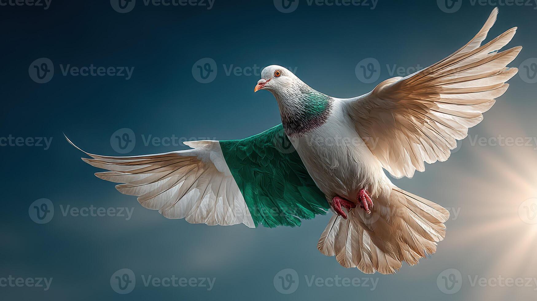 Colorful pigeon soaring against a vivid sky at sunset with wings fully spread photo