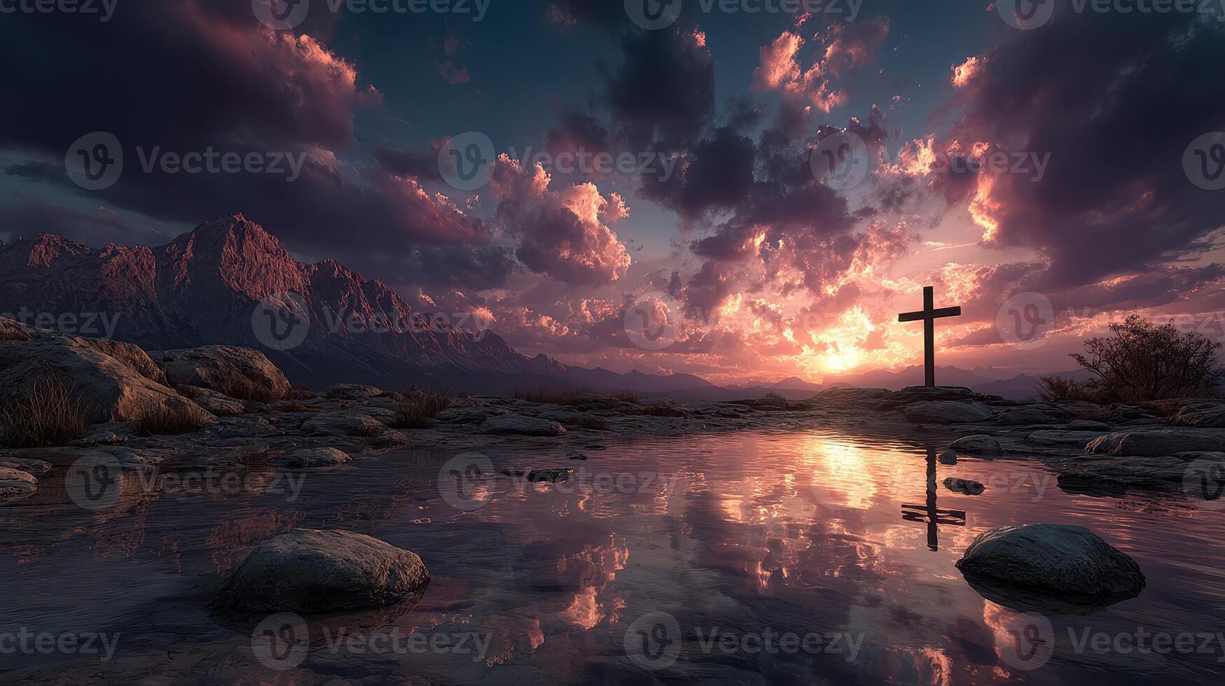 Sunset reflections over the mountain landscape with a cross by the water photo