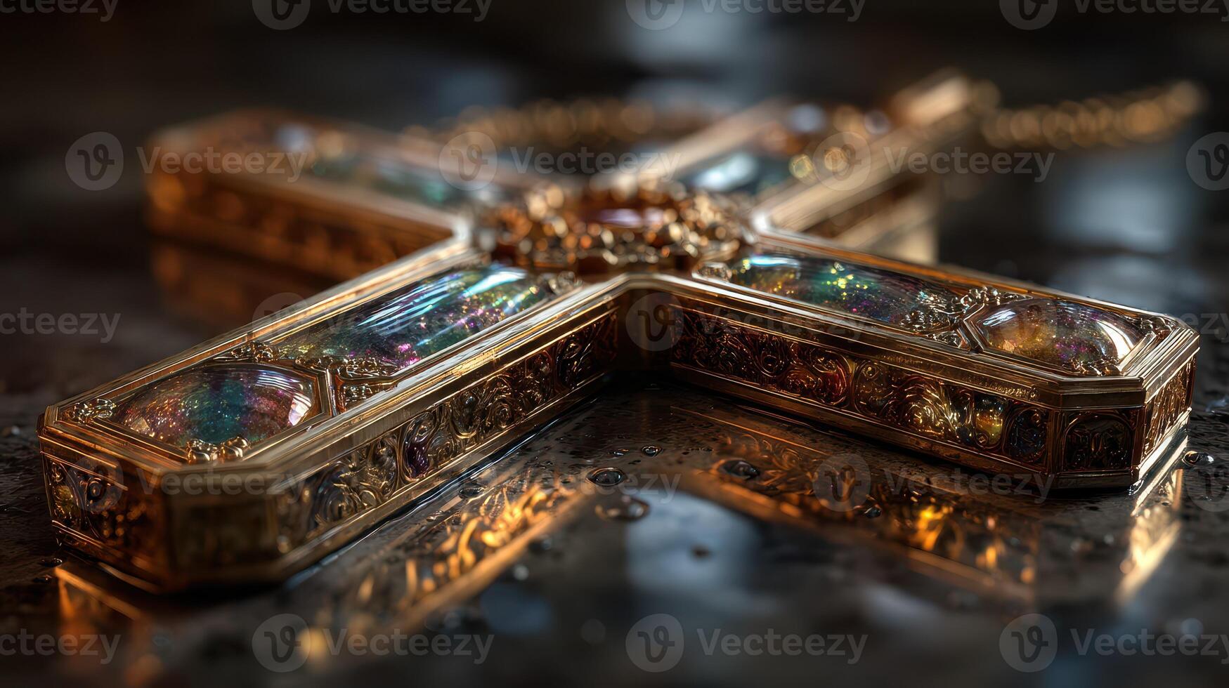 Golden ornate cross adorned with jewels rests on a reflective surface in a dimly lit environment photo