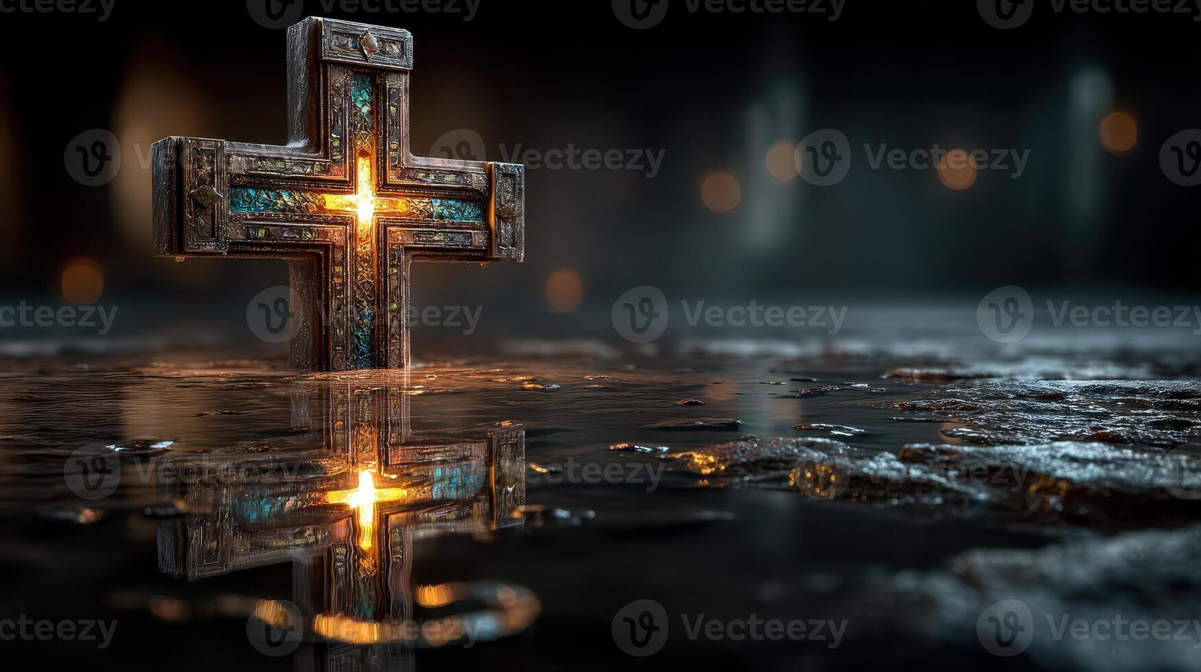 Ancient cross reflecting in water with glowing details in a dimly lit environment photo