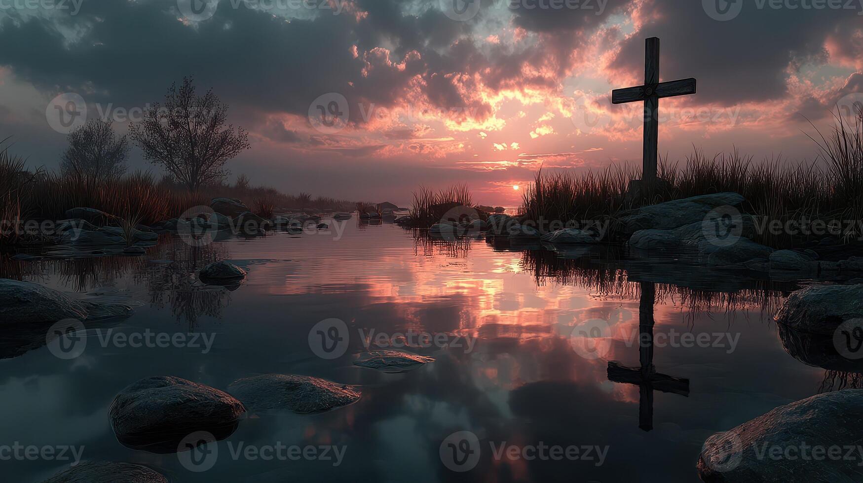 Sunset reflections by the river with a cross silhouetted against the colorful sky photo