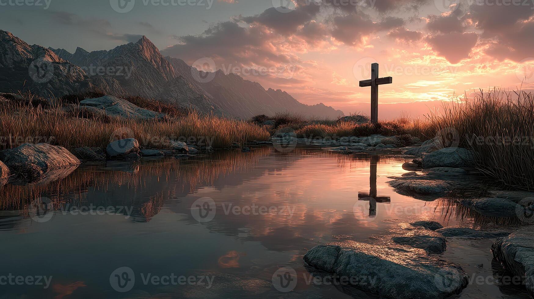 Serene sunset reflection on water with a cross near a mountain landscape photo