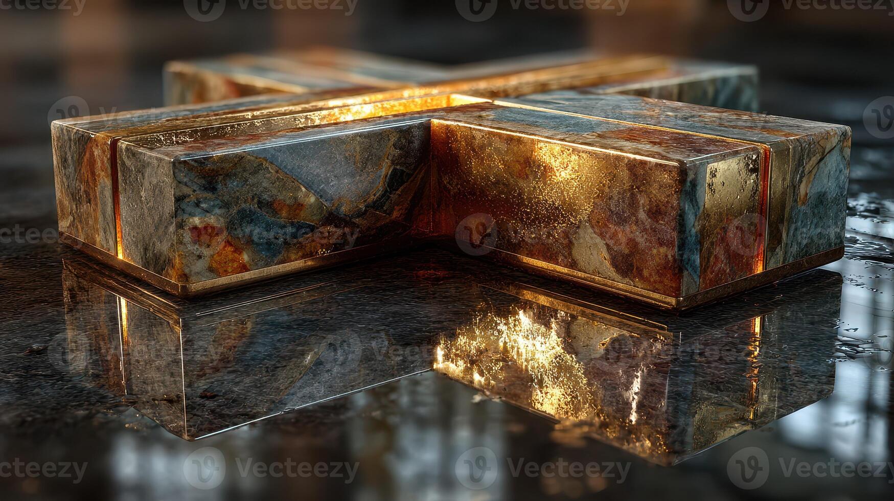 Reflection of a metallic cross sculpture on a glossy surface in a well-lit interior space photo
