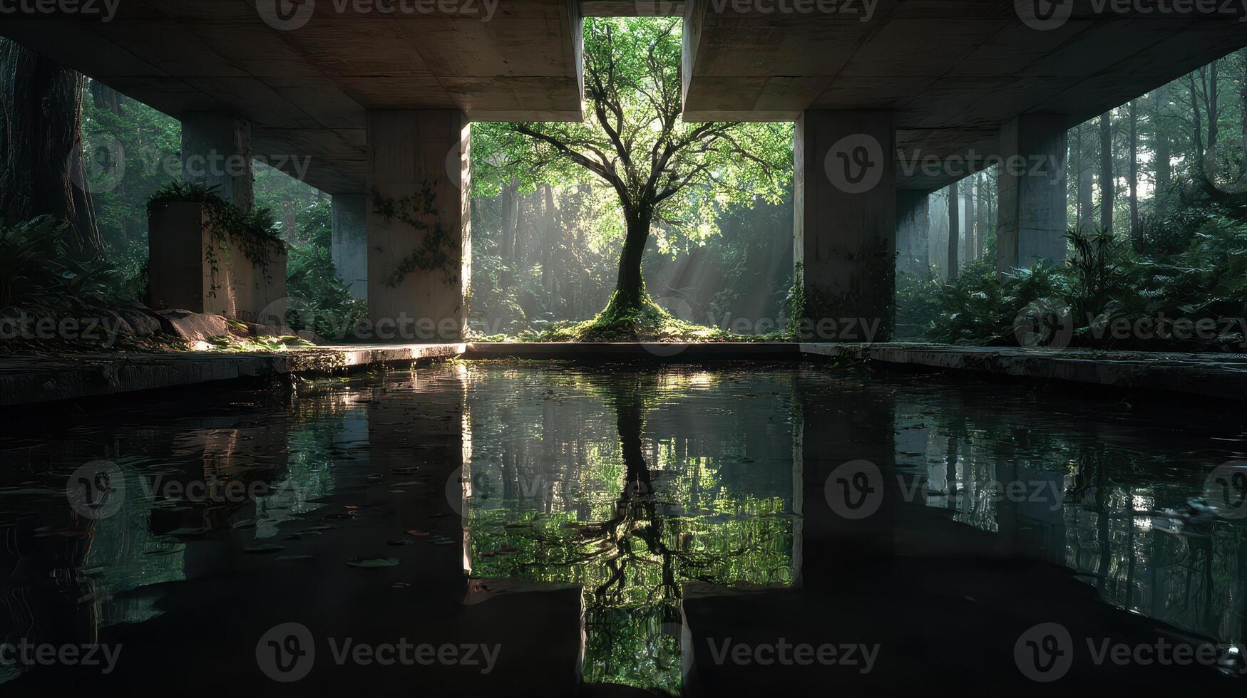 Unique view of a tree surrounded by concrete and water in a serene forest setting during golden hour photo