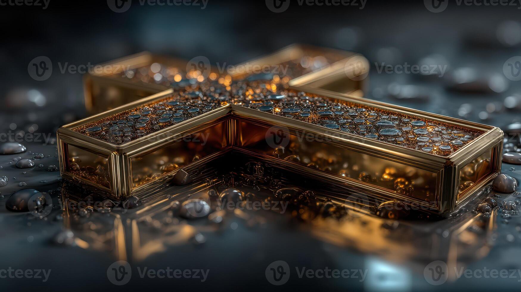 Golden cross adorned with water droplets resting on a reflective surface in a dimly lit environment photo