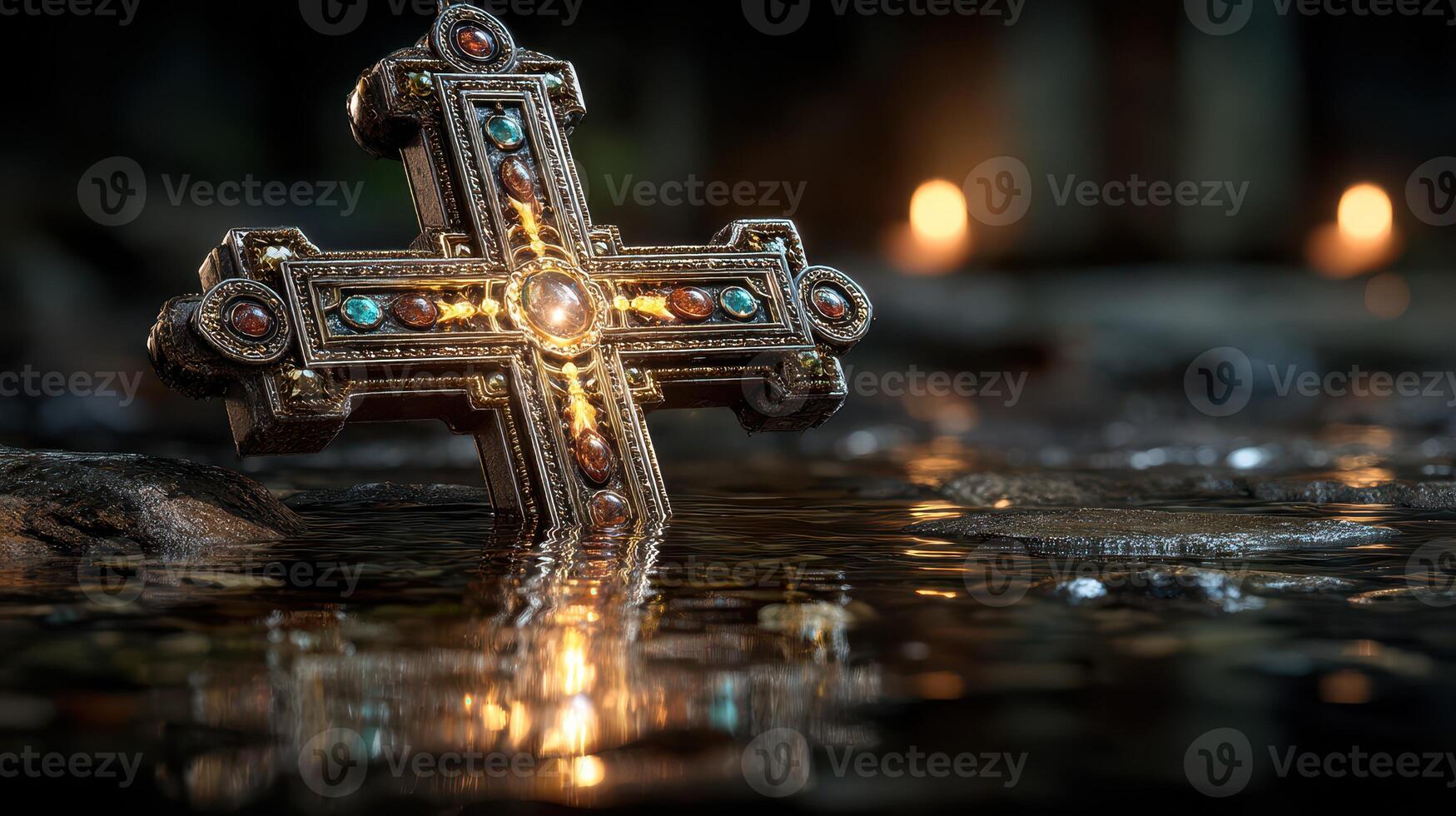 Decorative cross resting in shallow water with candles illuminating surroundings during twilight photo