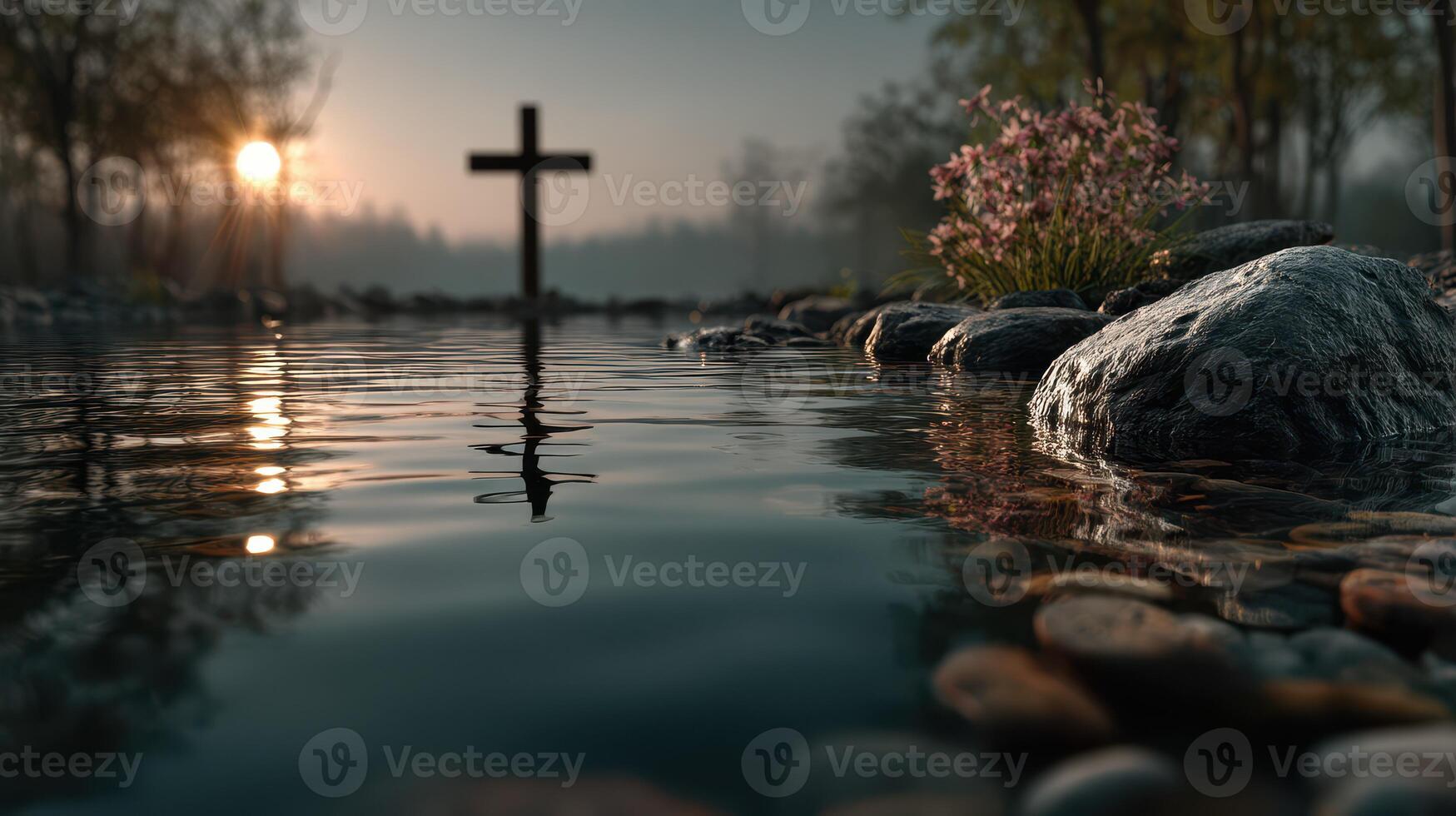 Tranquil riverside setting with cross at sunrise amidst rocks and flowers photo