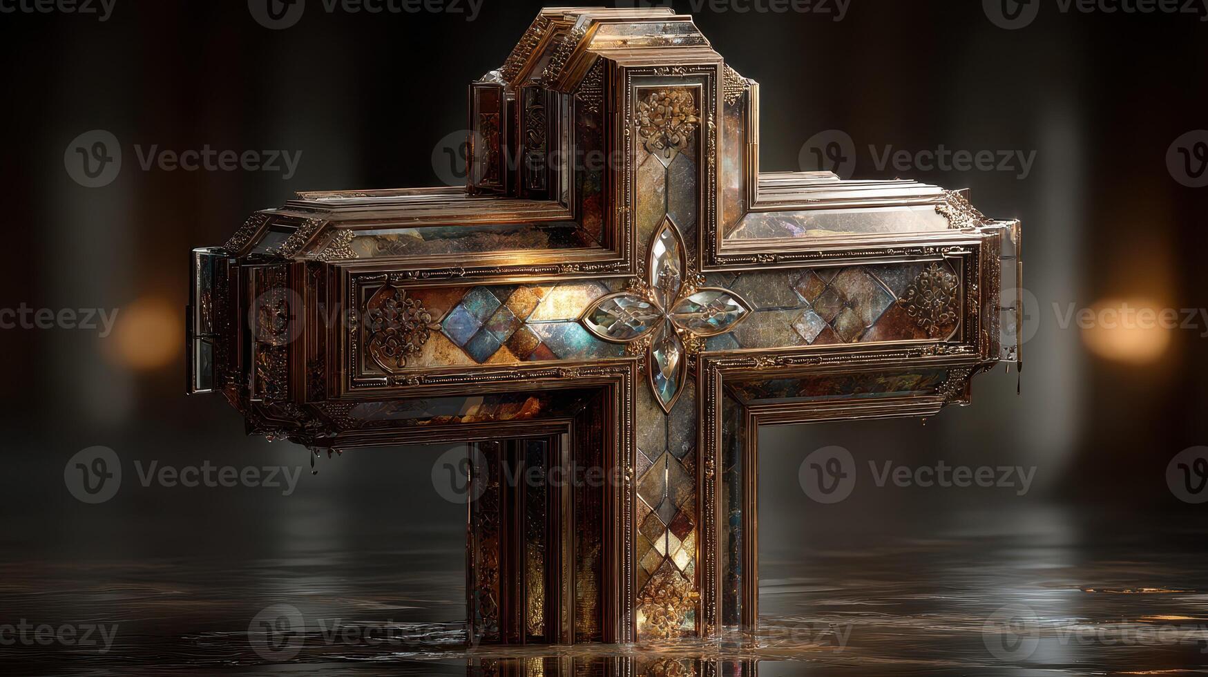 Intricate metallic cross illuminated in dim light creates a mystical atmosphere in a quiet, reflective space photo