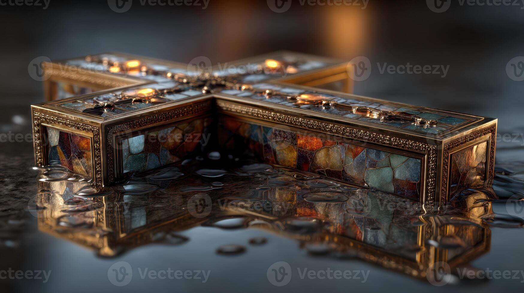 Intricate cross design resting on a reflective surface surrounded by water droplets in soft ambient light photo