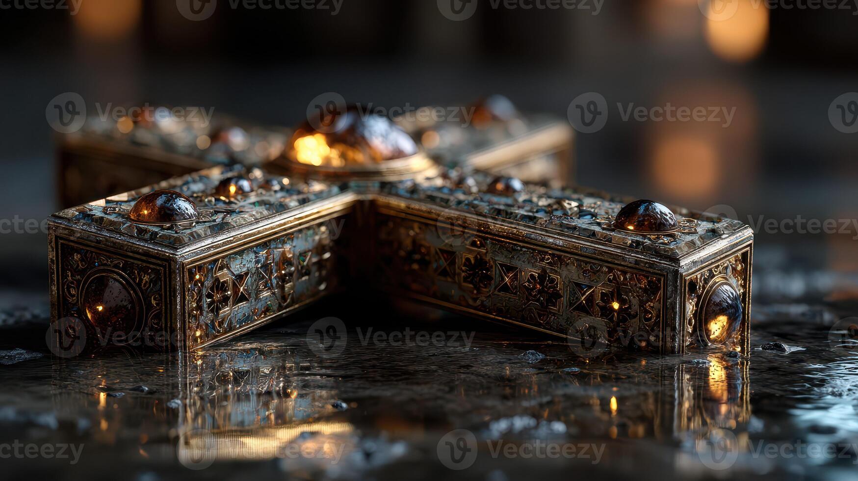 Intricate decorative cross resting on a reflective surface with soft light highlighting its details photo