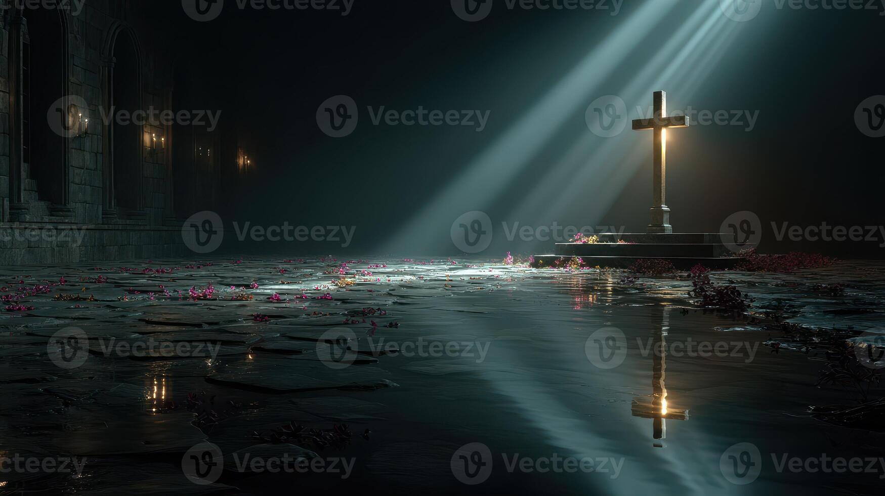 Hauntingly lit ancient grave with a cross and reflections in a dark, atmospheric setting photo