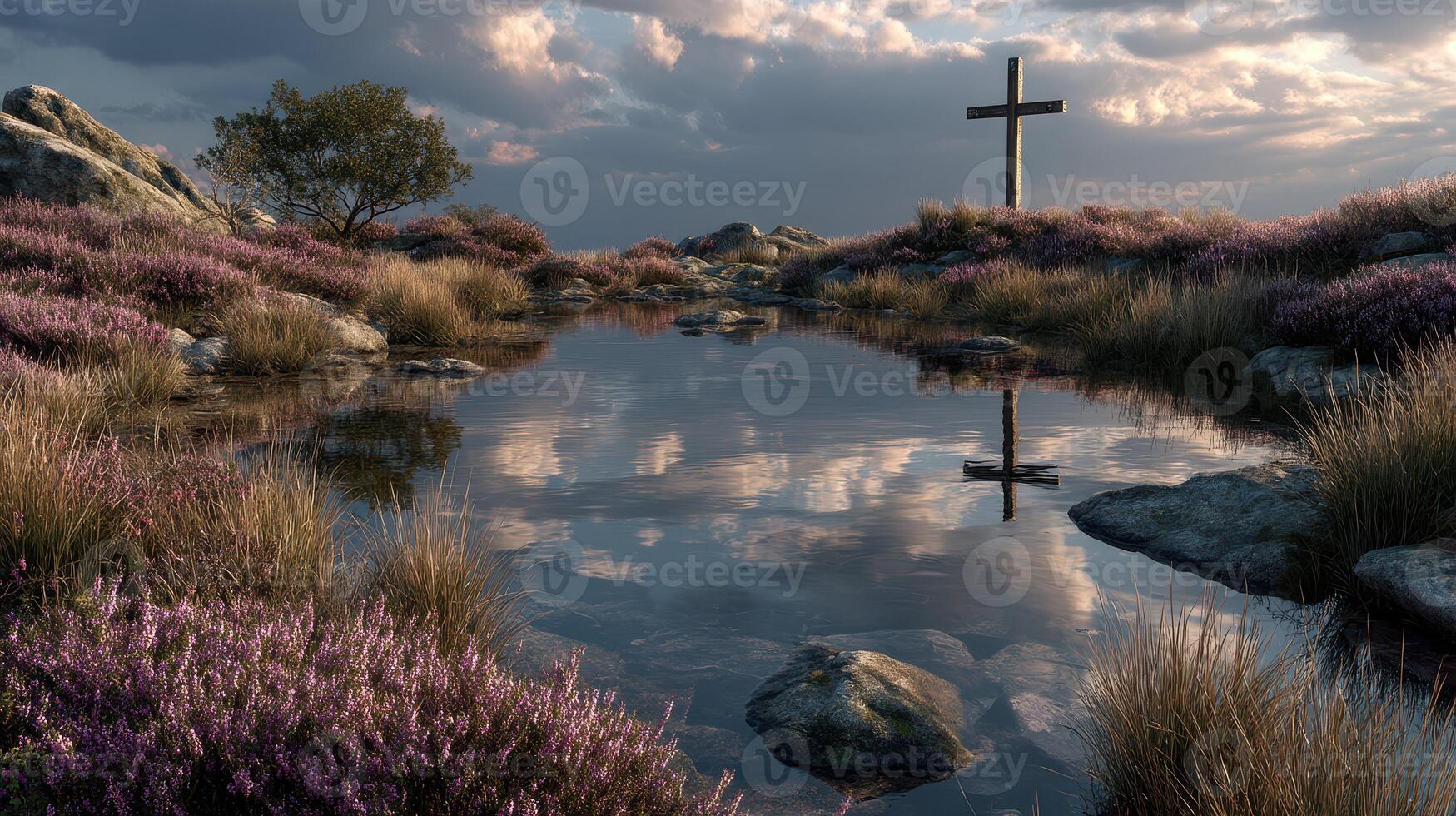 Serene landscape with a cross by a reflective pond surrounded by purple heather at dusk photo