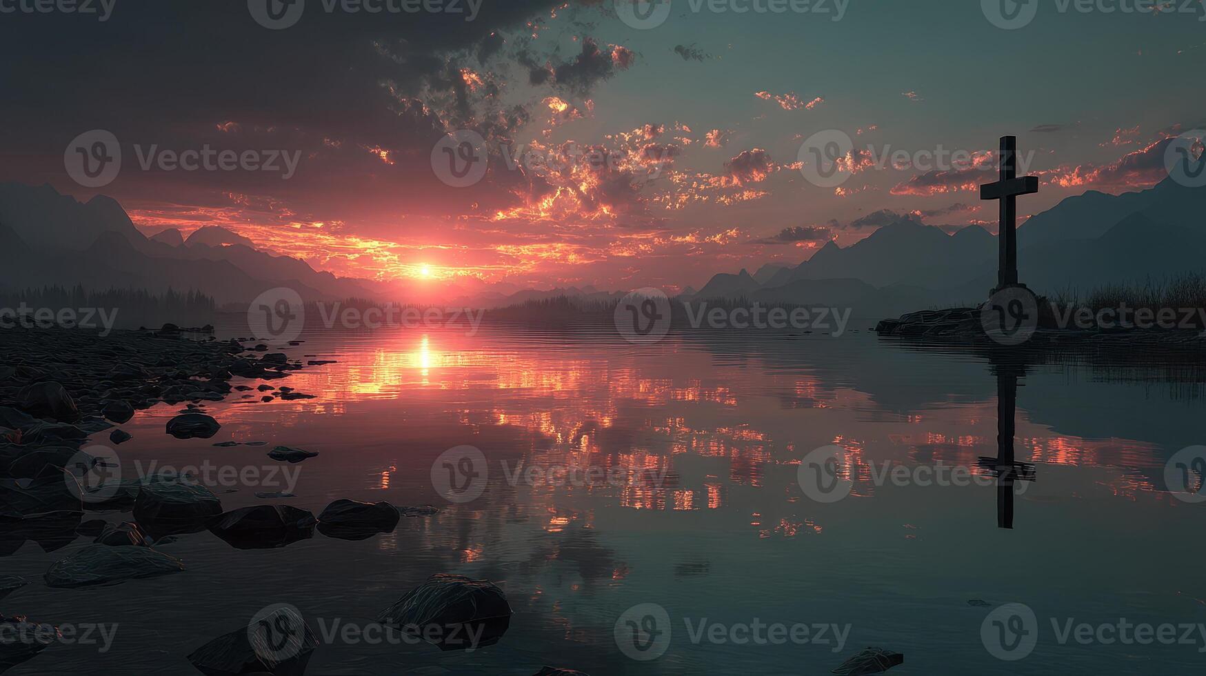 Serene sunset over a tranquil lake with a cross silhouette and mountains in the background photo