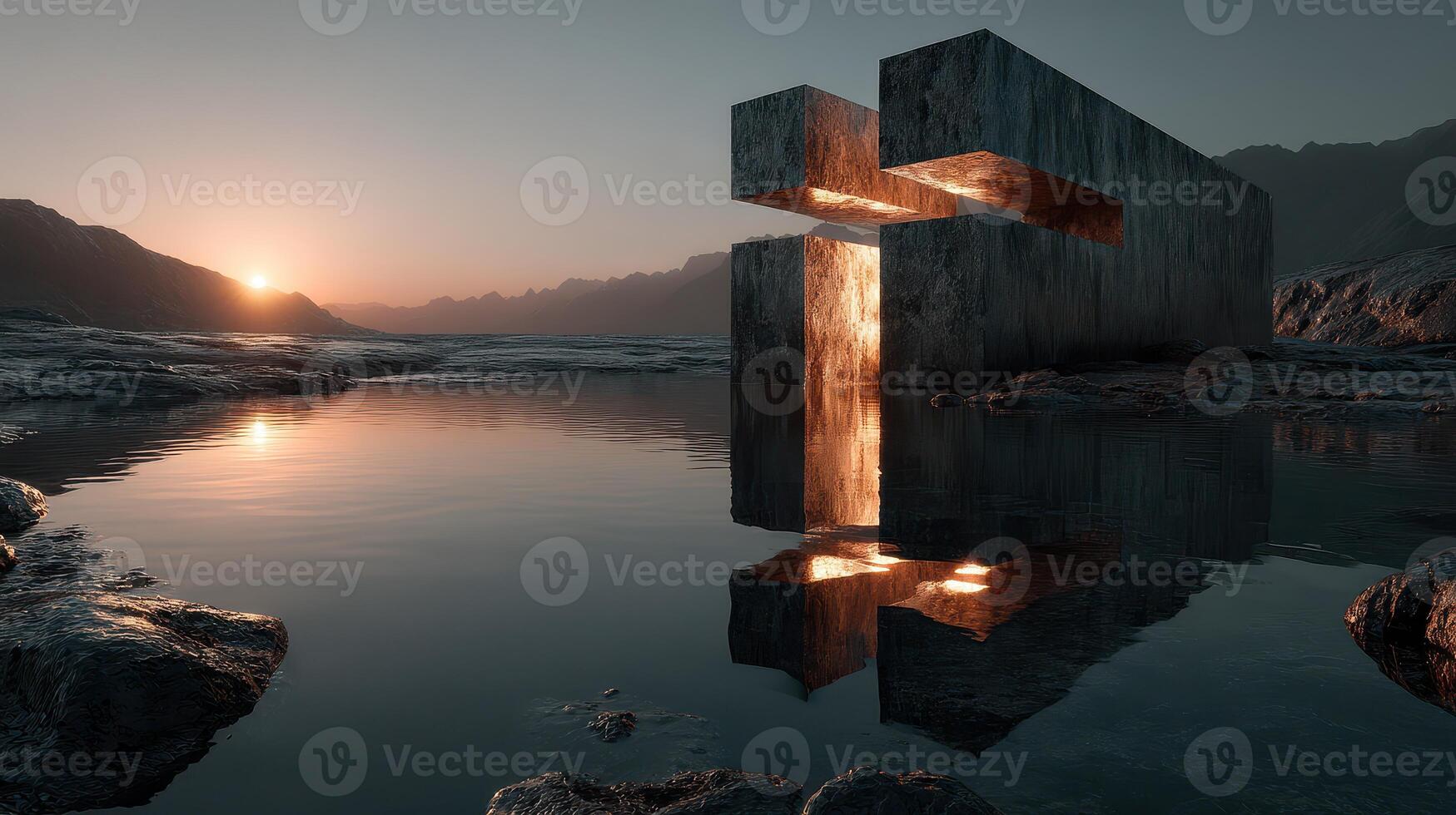 Modern structure stands in tranquil water at sunset, reflecting nature and art in harmony near rocky landscape photo