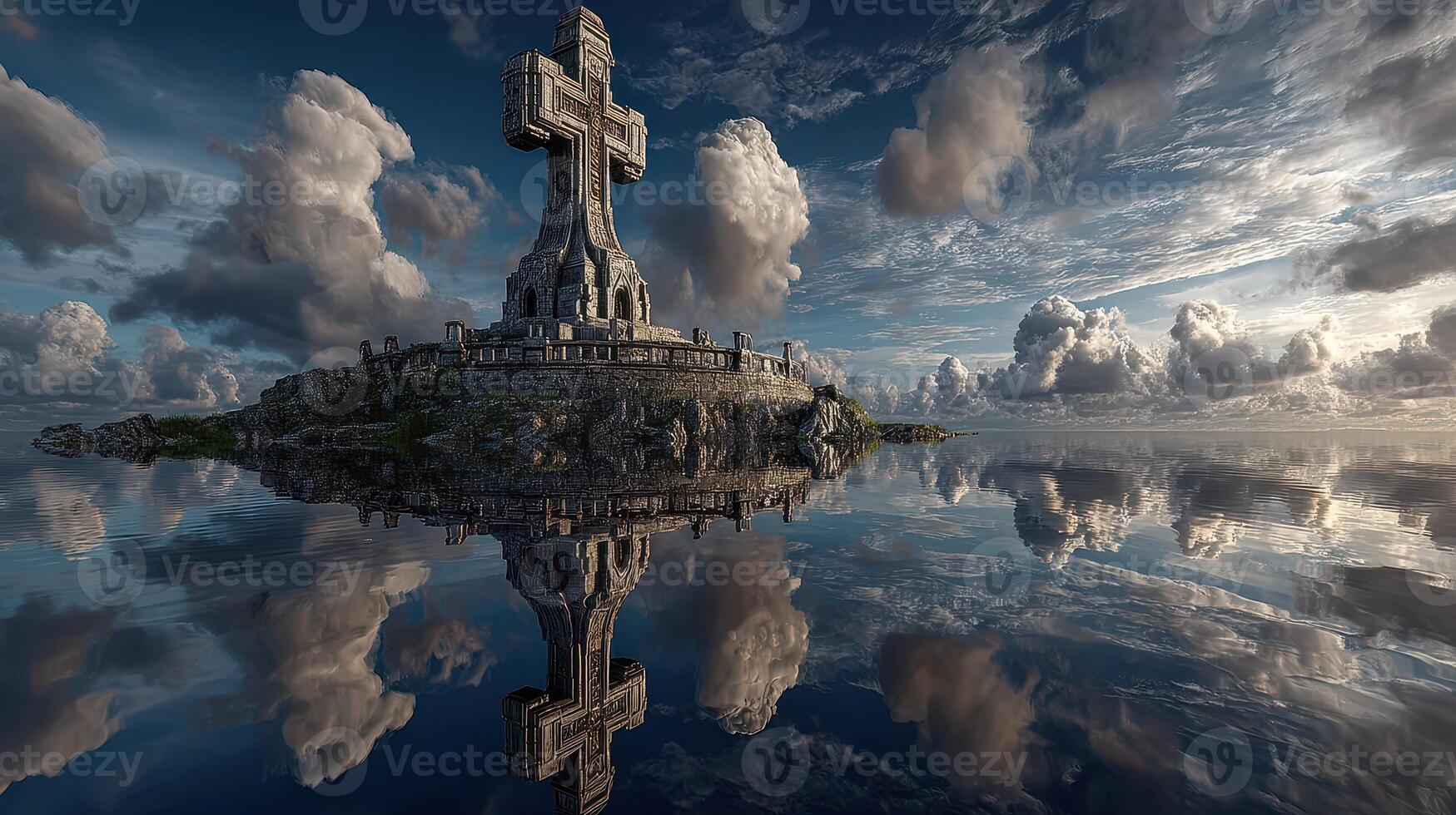 Serene landscape with a towering cross monument reflecting on calm waters at sunset photo