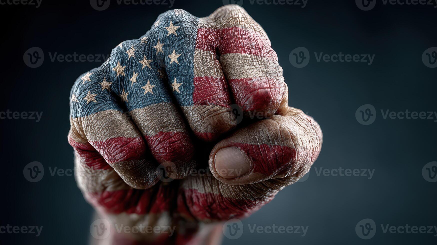 Symbol of resilience and patriotism with a painted fist showcasing the American flag on a dark background photo