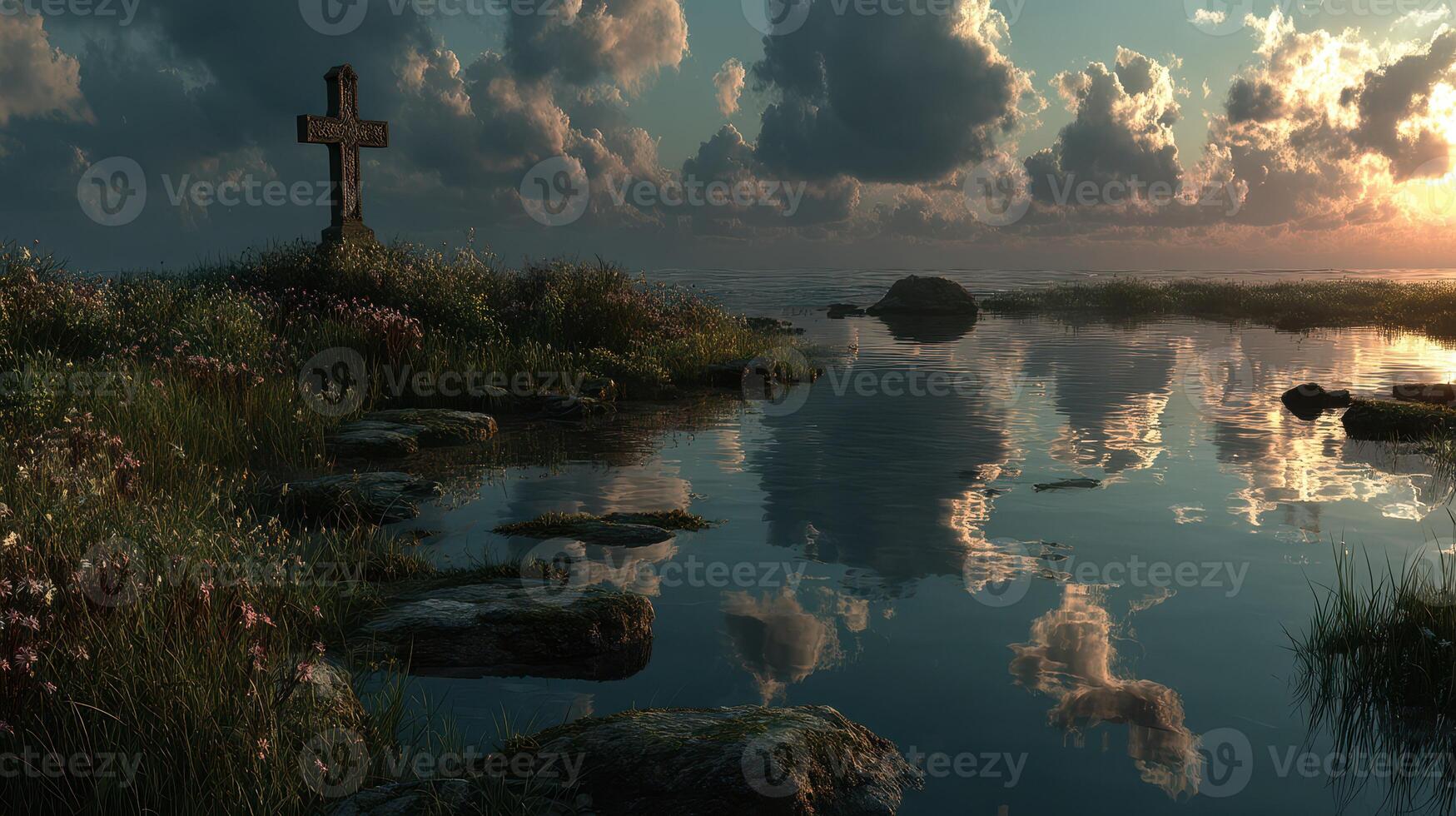 Tranquil lakeside scene with cross at sunset reflecting on calm waters and clouds photo