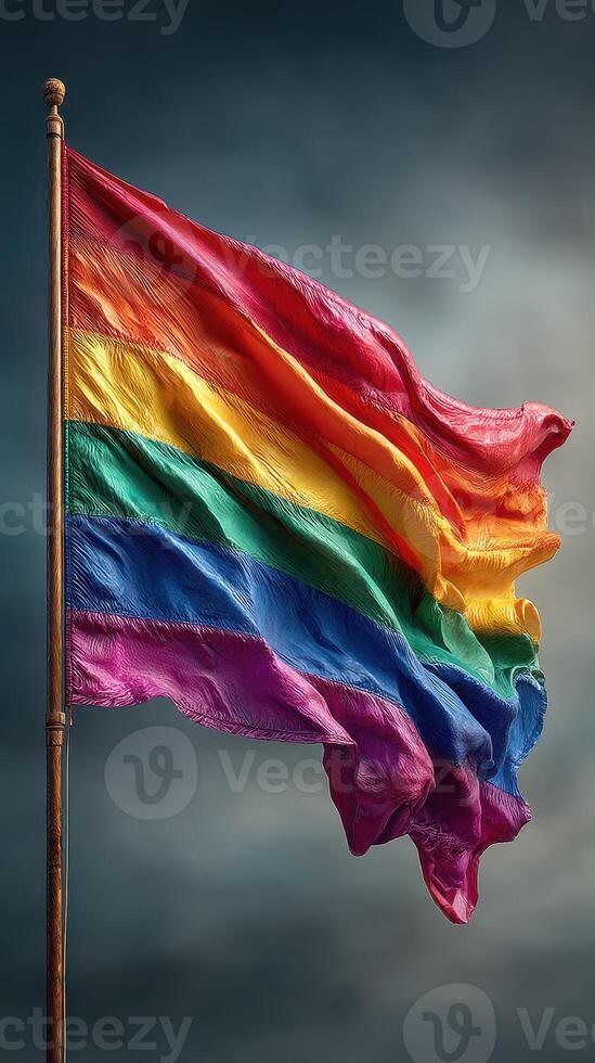 Colorful pride flag waving against a dramatic sky at sunset during a celebration of diversity and inclusion photo