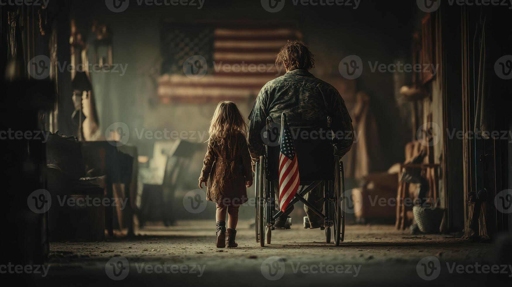 Soldier in wheelchair with girl walking through abandoned space in a nostalgic setting at dusk photo