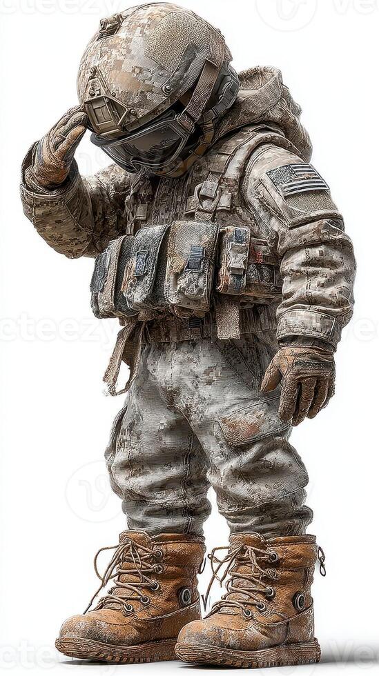 Soldier in military gear salutes while wearing combat boots and helmet in a neutral setting during daytime photo
