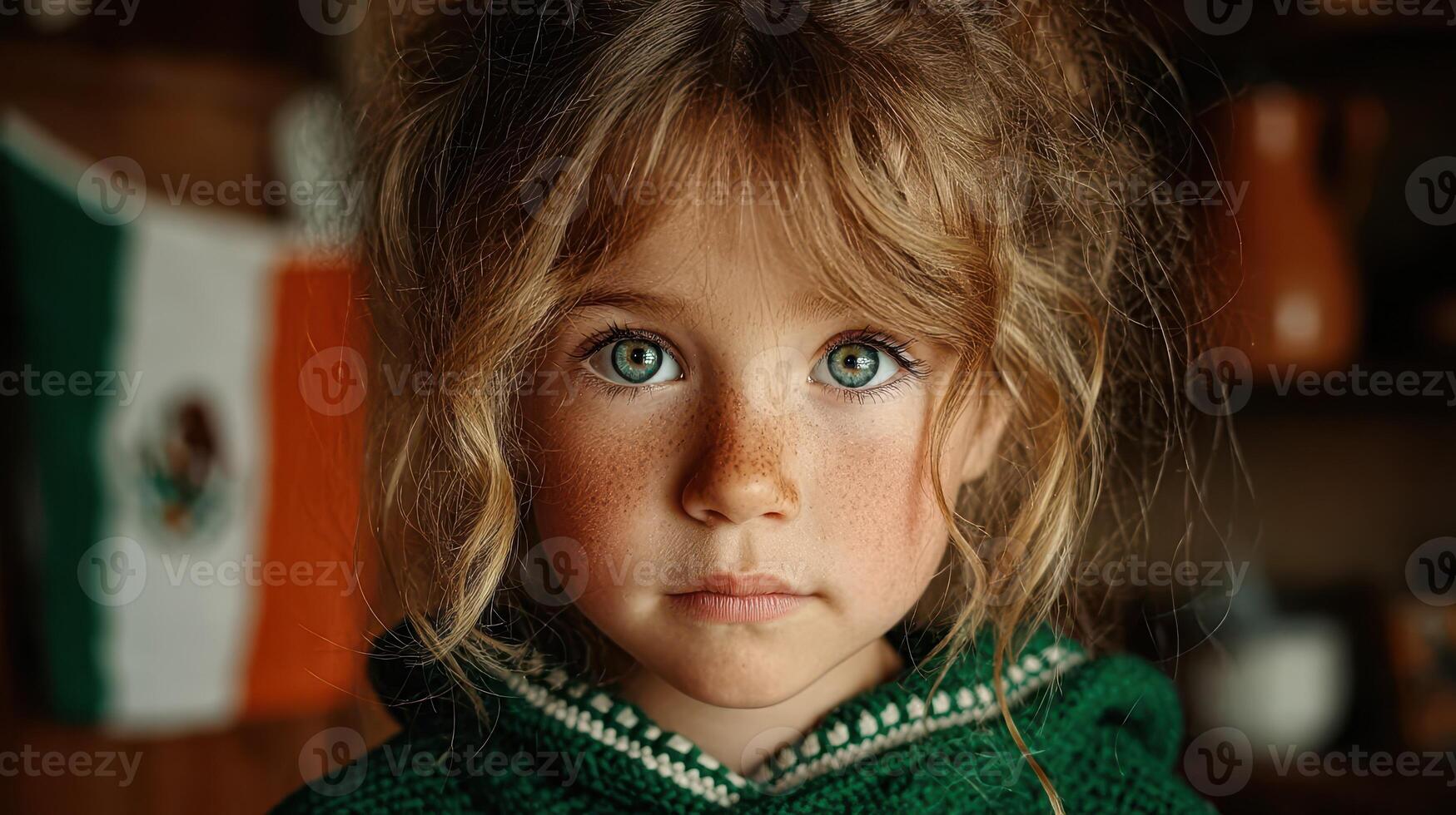 Young girl with bright blue eyes and tousled hair wearing a green sweater, captured in a rustic setting with a Mexican flag in the background photo