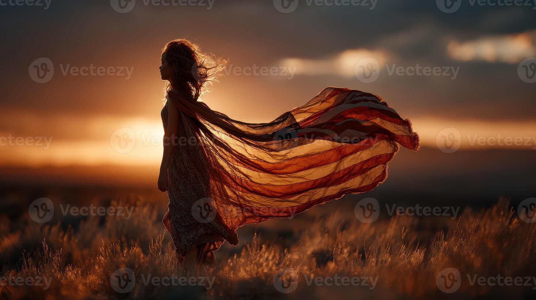 Girl in flowing fabric stands against sunset backdrop in open field photo