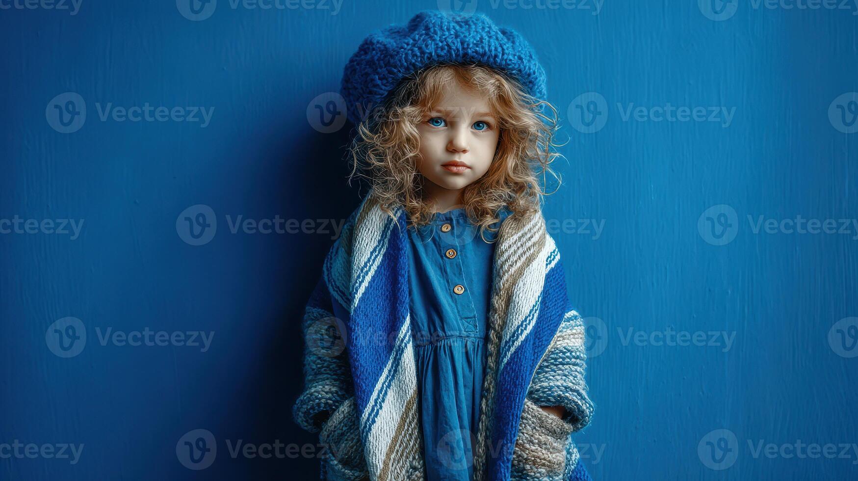 Young child with curly hair and blue hat posing against a blue background during a calm indoor setting photo