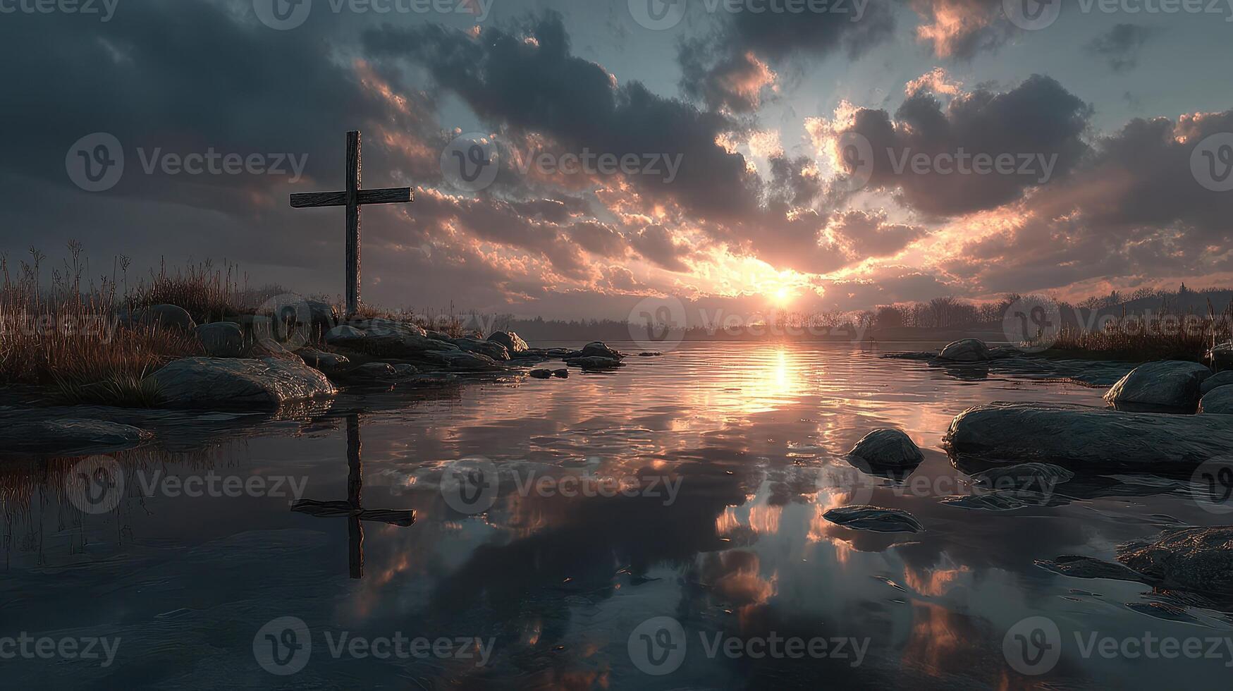 Sunset over a tranquil river with a cross and rocky shoreline reflecting in the water photo