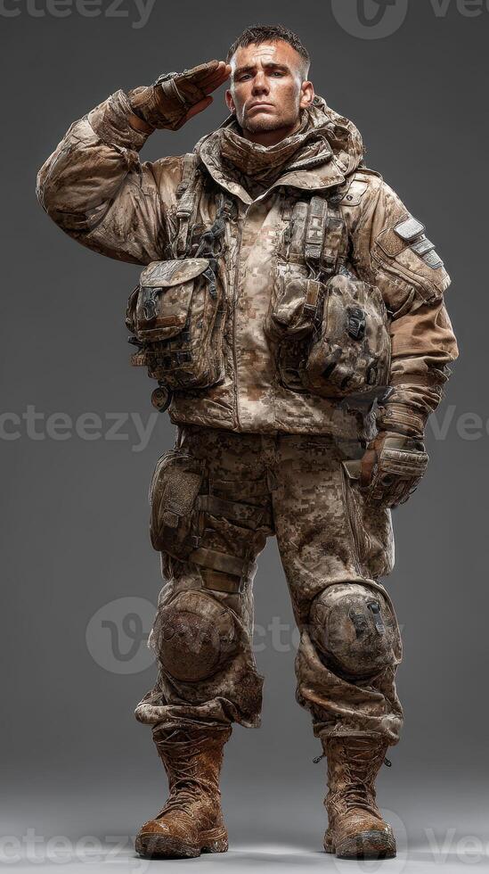 Soldier in combat gear saluting in a studio setting with dramatic lighting photo
