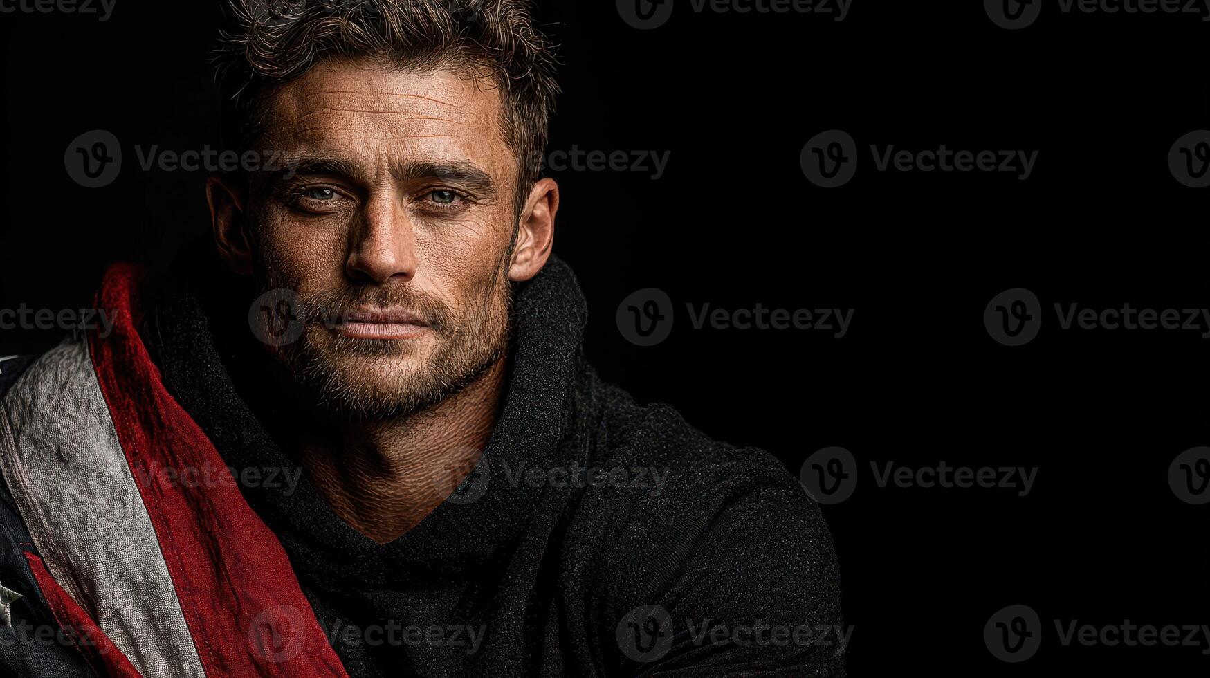Man wearing a dark hoodie and an American flag wrapped around his shoulders poses confidently with a serious expression in a studio setting photo