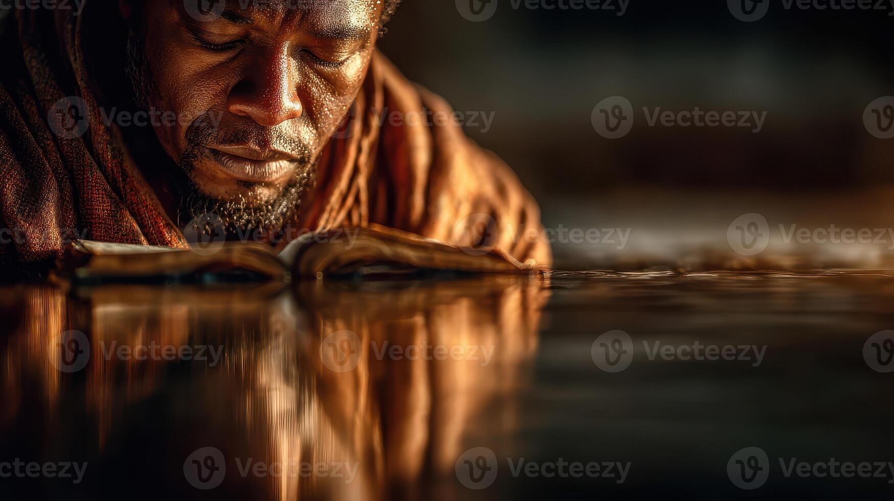 Ancient scholar immersed in reflection while studying an old book near calm waters at sunset photo