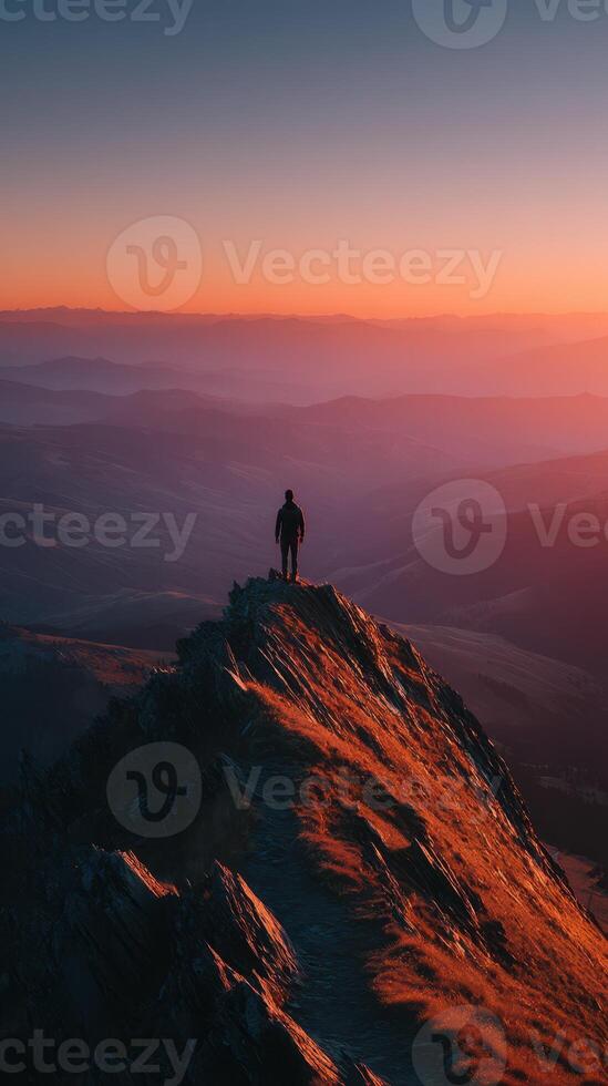 Hiker stands on mountain peak at sunset overlooking vast valleys and distant hills photo