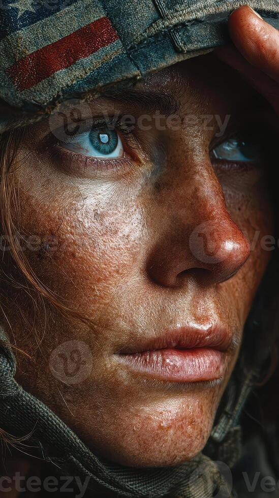 Portrait of a soldier with intense gaze in the field under dramatic lighting photo