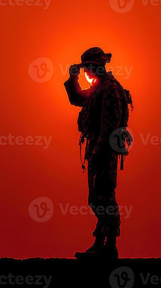Sunset salute by a soldier in silhouette at a military training ground photo