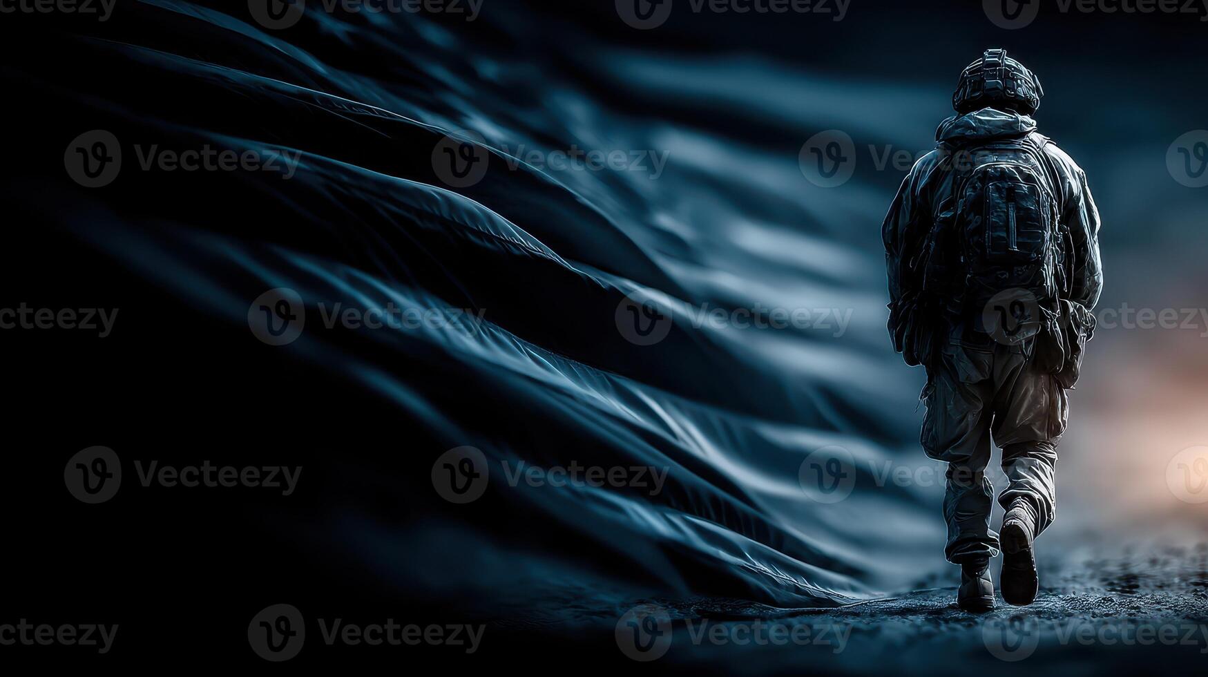Soldier walks through a dark, textured landscape during a nighttime operation in an undisclosed location photo
