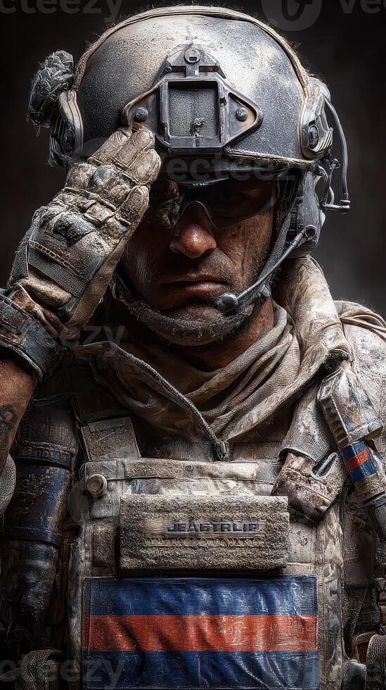 Soldier in tactical gear salutes proudly in a dusty environment during training exercises photo