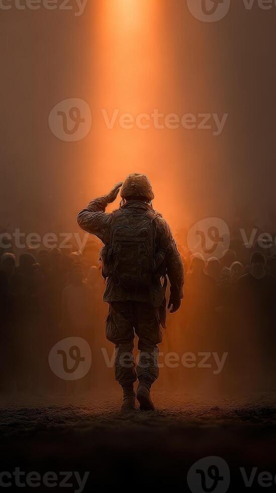 Soldier saluting in front of a crowd during a sunset ceremony honoring bravery and sacrifice photo