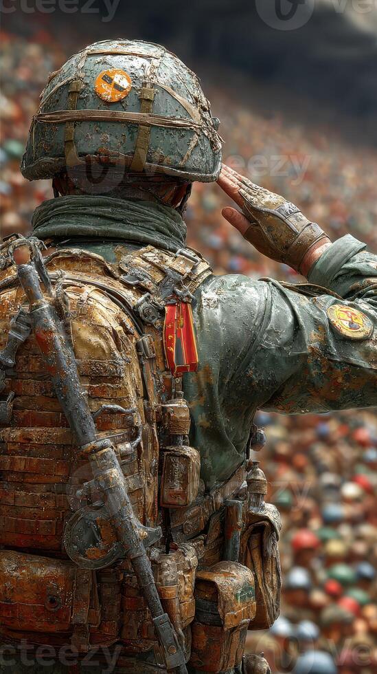 Soldier saluting during a military ceremony in a large crowd at a historic event in the heart of a city photo