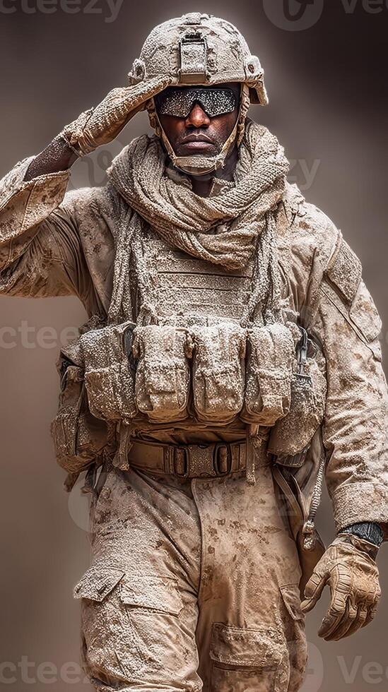Soldier saluting in desert environment during military operation under challenging conditions photo
